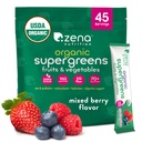 Zena Nutrition Organic Super Greens Powder, 70+ Superfoods, 0 Sugar, 5G Fiber, Spirulina, Clorella, Antioxidantes, Prebióticos/Probióticos, Enzimas digestivos, Berry mixto, 45 Bebida Mix Packets