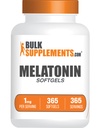 BulkSupplements.com Melatonin 1mg Softgels - Melatonina para adultos, Suplemento de sueño - 1mg Melatonina por ser, Gluten Gratis, 1 Softgel por ser, 365 Conde (Pack of 1)