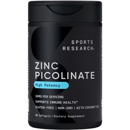 Investigación Deportiva Zinc Picolinate 50mg con aceite de coco orgánico ← Altamente Absorbable Zinc Suplemento para la función sana de la inmune - No GMO Verificado, Gluten &amp; Soy Libre (60 Softgeles líquidos)