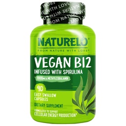 NATURELO Vegan B12 - Metil B12 con Espirulina Orgánica - Alta Potencia Vitamina B12 1000 mcg Metilcobalamina - Apoyo Mood sano, Energía, Corazón &amp; Ojo Salud - 90 cápsulas
