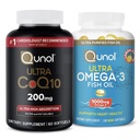 Qunol CoQ10 100mg Softgels, 3X Better Absorption, 4 Month Supply, 120 Count + Fish Oil Omega 3 Mini Softgels, 1000mg Omega 3 EPA + DHA, 3 Month Supply, 180 Count