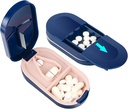 Funda de Píldora LEAFTOL, Funda de Píldora portátil de 2 en-1 con hoja de acero inoxidable, para tabletas de vitaminas pequeñas o grandes, Píldoras cortadas con el Compartimiento de Organizador Mini Píldora – Azul