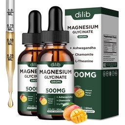 Magnesium Glycinate Liquid Drops Suplemento, con Magnesium Glycinate 500mg Ashwagandha, L - Theanine, Chamomile -Support Stress Relief, Bone, Muscle, Mood Mango Flavor 2Pack