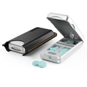 Pill Cutter con dispositivo de centralización automática, divisor de aluminio con cuchilla inoxidable 316L, caja de cuero genuino, Divisor de almohadilla profesional para cortar pequeñas o grandes píldoras (plata)