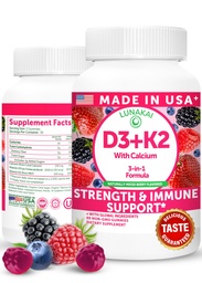 Lunakai EE.UU. hizo vitamina D3 K2 Gummies con calcio – 3-en-1 suplemento diario vegano para bonificación &amp; apoyo inmunológico para mujeres, hombres &amp; niños, 60ct