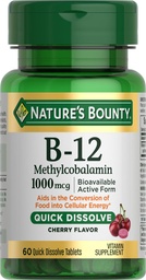 La recompensa de la naturaleza Vitamina B-12 Tablas de disuelve rápido, 1000mcg, Ayudas en la conversión de alimentos en energía celular, sabor cereza, 60ct