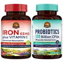 Vitalitown Probiotic + Iron Supplement Bundle | Probiotics 120 Billion (Item 1) & 65mg Iron Suplement (Item 2) | Gut, Bone, Muscle, Blood Building, Energy | Vegan | 30 Capsules & 60 Tablets
