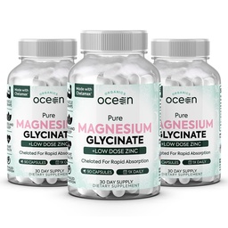 Organics Ocean Pure Magnesium Glycinate with Zinc - Maximum Strength Chelated Magnesium Supplement for Women and Men for Muscle Cramps and Sleep Support - 3 Bottles