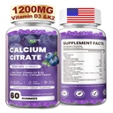 Calcium Citrate Gummies, 1200mg Chewable Calcium Supplement with Vitamin D3, K2, Magnesium & Zinc, Supports Energy and Immunity, High Absorption, Sugar-Free, Blueberry Flavor, 60 Count