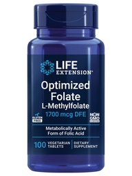 Folato optimizado de la extensión de vida – L-methylfolate – Heart & Brain Support, Healthy Homocysteine Levels – Non-GMO, Gluten-Free, Vegetarian – 1700 mcg DFE, 100 Tablets vegetarianos