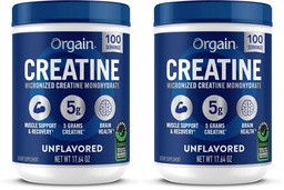 Orgain Creatine Monohydrate Micronized Powder,100 Servings,Unflavored,Supports Muscle Growth,Post Workout Recovery and Brain Health,No Artificial Additives, for Men &amp; Women,Vegan,(Pack of 2)