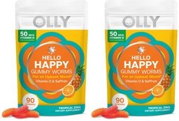 OLLY Hello Happy Gummy Worms,Mood Balance Support,Vitamin D,Saffron,Adult Chewable Supplement,Gluten Free,Tropical Zing -,90 Count (Pack of 2)