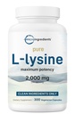Pure L-Lysine 2,000mg, 300 Veggie Capsules peru Maximum Potency, Easily Absorbed, Free Form ¦ Essential Amino Amino Acid for Collagen, Lip, & Immune Support ← Clean Ingredients Without Fillers