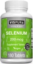 Selenium 200 mcg Supplement, 180 Vegan Tablets for Immune System, Thyroid, Prostate and Heart Health*, Organic, Natural & Gluten Free Trace Mineral Without Additives