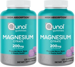Qunol Magnesium Gummies for Adults, 200mg Elemental Mg (from 1,750mg Magnesium-Citrate),High Absorption Mg-Supplement,Supports Nerve,Bone & Muscle Health,Vegetarian,120 Count(Pack of 2)