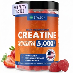 Secret Element Creatine Monohydrate Gummies 5000 mg per Serving, Sugar Free Vegan Gummies, Non-GMO, Creatine Chews for Women & Men, 30 Servings, 120 Gummies, Strawberry Flavor