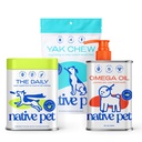 Native Pet Health & Wellness Bundle – 3 Medium Yak Chews for Dental Health, 7 Oz. Daily Multivitamins for Immunity & 8 Oz. Omega-3 Fish Oil for Coat & Heart Support