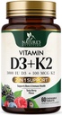 Vitamin D3 K2 Supplement | 5000 IU D3 + K2 100 mcg | MK-7 K2 with Vitamin D | Supports Immune, Heart, Teeth & Bone Health - Nature's Easy to Chew, VIT D3 K2, Non-GMO, Tasty Berry Flavor - 60 Tablets