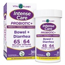 Vital Planet - Intense Care Bowel and Diarrhea Probiotic Supplement with Organic Prebiotics, Postbiotics, and Parabiotics, Lactobacillus Rhamnosus and Saccharomyces, 65 Billion CFU, 64 Strains, 30 Ct