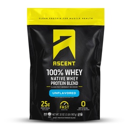 Ascent 100% Whey Protein Powder - Post Workout Whey Protein Isolate, Zero Artificial Flavors &amp; Sweeteners, Gluten Free, 5.5g BCAA, 2.6g Leucine, Unflavored 2 lb