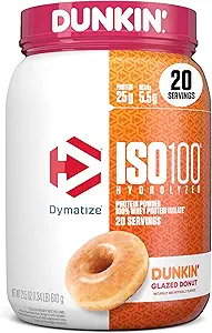 Dymatize x Dunkin' Glazed Donut ISO100 Whey Protein Powder, 25g de Protein, 5.5g BCAAs, 120 Cal., Gluten Free, 1g Fat, 1g Sugar, 2g Carb (20 Servings)
