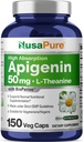 NusaPure Apigenin 50mg & L-Theanine 200mg, 150 Veggie Capsules, Bioperine (Non-GMO, Gluten Free)