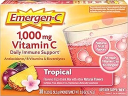 Emergen-C 1000mg Vitamina C Powder, con Antioxidantes, vitaminas B y electrolitos, suplementos de vitamina C para soporte inmunitario, mezcla de bebidas sin cárter cafeína, sabor tropical - 30 Conteo/1 Mes