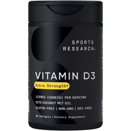 Investigación Deportiva Vitamina D3 5000 UI con aceite de MCT de coco - Suplemento de vitamina D de alta potencia para inmune &amp; bonificación - No GMO Verificado, Gluten &amp; Soy Gratis – 125mcg, 30 Softgeles líquidos