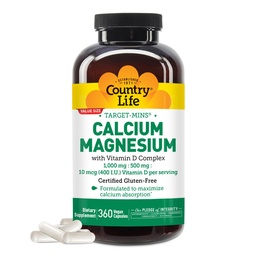 Country Life Target-Mins Calcium Magnesium with Vitamin D-Complex, 1000mg/500mg/10mcg, 360 Vegan Capsules, Certified Gluten Free, Certified Vegan, Verified Non-GMO Verified...