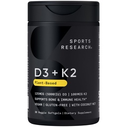 Investigación Deportiva Vitamina Vegan D3 + K2 Suplemento con aceite de coco orgánico - 5000iu Vitamina D con 100mcg Mk7 Vitamin K - Apoya Calcio para Huesos Más Fuertes &amp; Salud Inmune - 30 Softgels para Adultos