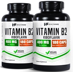 Healthfare Vitamina B2 Riboflavin 400 mg Silencioso Pack of 2 Silencio 180 Veg Capsules Cada suplemento Silencioso libre de gluten No GMO
