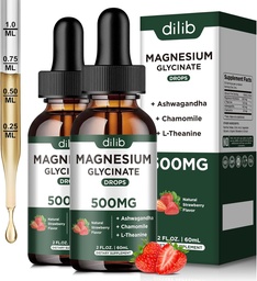 Magnesium Glycinate Liquid Drops Suplemento, con Magnesium Glycinate 500mg Ashwagandha, L - Theanine, Chamomile -Support Stress Relief, Bone, Muscle, Mood Strawberry Flavor 2Pack