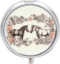 Round Metal Pill Box,Flowers and Horses Hand Drawn Printed Travel Pill Organizer Portable Pill Container Small Pill Box for Purse and Pocket for Storing Vitamins, Medicines and Supplements