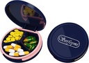 Serfeymi Small Pill Box - 3 Compartments Portable Pill Box for Purse Pocket, Compact Mini Travel Pill Case - Suitable for Medicine, Vitamin, Fish Oil, Supplements - Dark Blue(Logo)