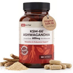 DailyNutra KSM-66 Ashwagandha 600mg Extracto Orgánico de raíces - Suplemento de alta potencia con 5% de Withanolides viv Alimenta la resistencia, apoya la relajación, el enfoque, la energía, " Crecimiento muscular (90 cápsulas)