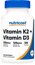 Nutricost Vitamin D3 + K2 (5000 IU D3 / 100mcg MK7) 120 Softgels, GMO-Free