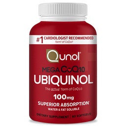 Qunol Ubiquinol CoQ10 100mg Softgels, Mega Ubiquinol 100mg - Absorción superior - Forma activa de Coenzyme Q10 para los niveles de presión arterial saludable - 2 mes fuente - 60 conde