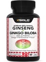 Coreano Panax Ginseng 1200mg + Ginkgo Biloba - Extra Strength Root Extract Powder Suplemento w/High Ginsenosides Vegan Capsules for Energy, Performance & Focus - Suplemento para Hombres y Mujeres