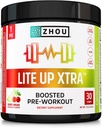 Zhou Lite Up Xtra - Sugar Free Pre Workout Powder for Women & Men, Preworkout Supplement with Caffeine for Clean Energy, Amino Acid Support, Hydrate & Focus, Plant Based - 30 Scoops