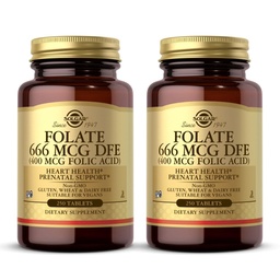 Solgar Folate 666 mcg DFE (Folic Acid 400 mcg) - 250 Tablets, Pack of 2 - Prenatal Support - Non-GMO, Vegan, Gluten Free, Dairy Free, Kosher, Halal - 500 Total Servings