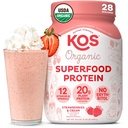KOS Vegan Protein Powder, Strawberries &amp; Cream USDA Organic - Low Carb Pea Protein Blend, Plant Based Superfood with Vitamins & Minerals, Gluten Free - Meal Replacement for Women &amp; Men - 28 Servings