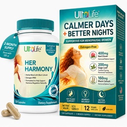 UltaLife Her Harmony Menopause Supplements for Women - Hot Flashes Menopause Relief &amp; Hormone Balance for Women - Contiene Black Cohosh, Dong Quai, Red Clover &amp; Más - Estrógeno Gratis - 120 cápsulas