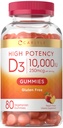 Carlyle Vitamin D3 10000iu Gummies for Adults | 80 Count | Peach Flavored Gummy | High Potency for Women & Men | Vegetarian, Non-GMO, Gluten Free Supplement