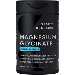 Sports Research® Magnesium Glycinate - Supports Restful Sleep & Enzymatic Processes - 160 mg Chelated Magnesium - Liquid Softgel - 60 Cuenta