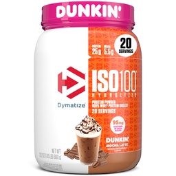 Dymatize x Dunkin' Mocha Latte ISO100 Whey Protein Powder, 95mg Caffeine, 25g de Protein, 5.5g BCAAs, 120 Cal., Gluten Free, 1g Fat, 1g Sugar, 3g Carb (20 Servings)
