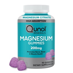 Gummies de magnesio qunol para adultos, 200 mg Magnesio Elemental (a partir de 1,750 mg Citrato de magnesio), Suplemento de magnesio de alta absorción, soporta Nerve, Bone y Muscle Health, Vegetariano, 90 Condes
