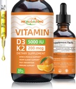 Organic Vitamin D3 + K2 Drops: 5000 IU Plant-Based D3 & 200mcg K2 Liquid Supplements | Fast Absorption for Immune Support, Bone Health & Heart Care | Vegan, Non-GMO (30ml)